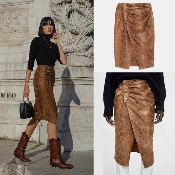 ZARA Faux Suede Snakeskin Print Skirt Sz XS - Picture 2 of 11